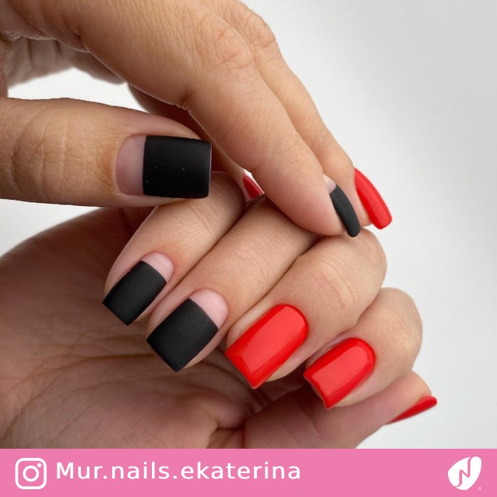 Red Glossy Nails with Black Color Blocking